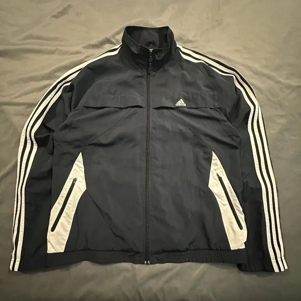 Adidas Track Jacket Mens L Windbreaker Striped Full Zip Y2K 00s 2010 Vented